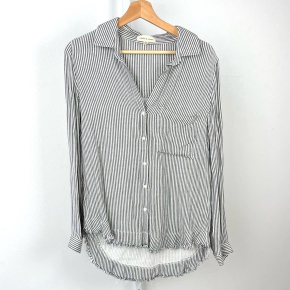 cloth & stone Tops - Cloth & Stone Striped Frayed Hem Button Down Shirt Long Sleeve Gray Size S